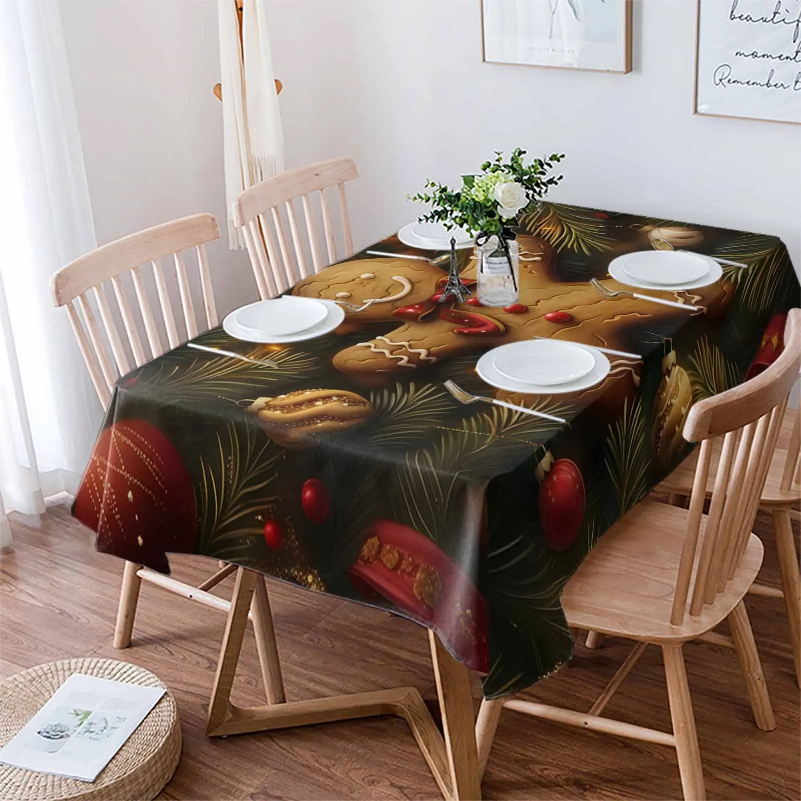 Christmas Pine Branch Gingerbread Man Tablecloths Waterproof Kitchen Coffee Table For Living Room Home Decor Dining Table