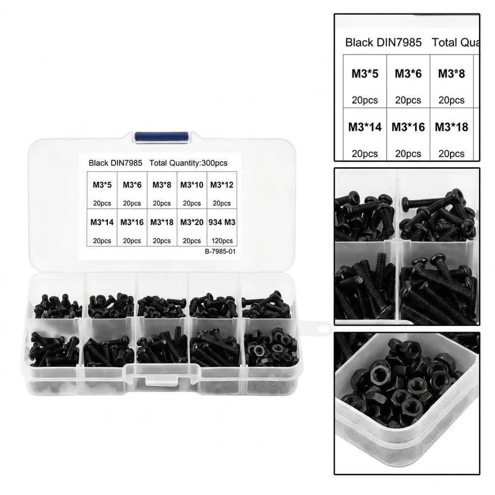 300Pcs Carbon Steel Pan Head Machine Screws Hex Nuts Assortment Kit Metric Fastener Set DIY Furniture Machinery Repair Hardware
