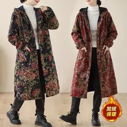 Autumn Winter Vintage Printed Thick And Plush Long Windbreaker For Middle-Aged Mothers Loose Warm Fleece Jacket Hooded Coat a119