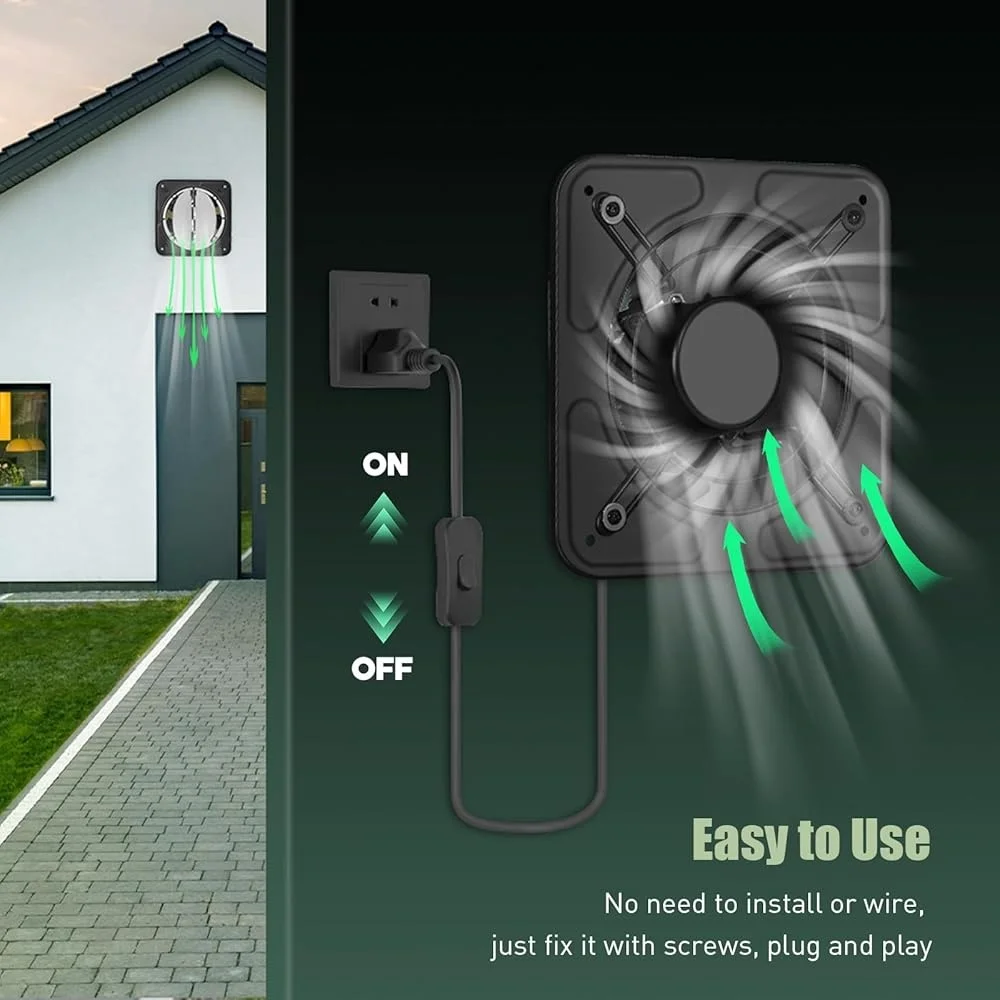 8 Inch High Efficiency Exhaust Fan Wall Mounted Ventilator 1200 m³/h Airflow Perfect Kitchen Garage Bathroom Attic