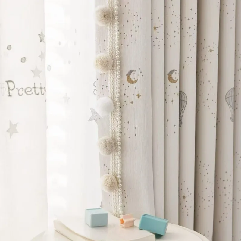 Embroidered Thick Hot Air Balloon Cloud Starry Moon Chenille Curtains for Living Dining Room Bedroom Children's Room Custom Size