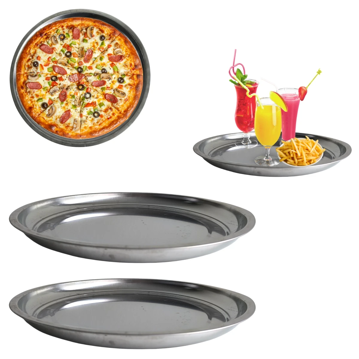 2 Trays Round Metal To Serve Waiter Restaurant 31cm