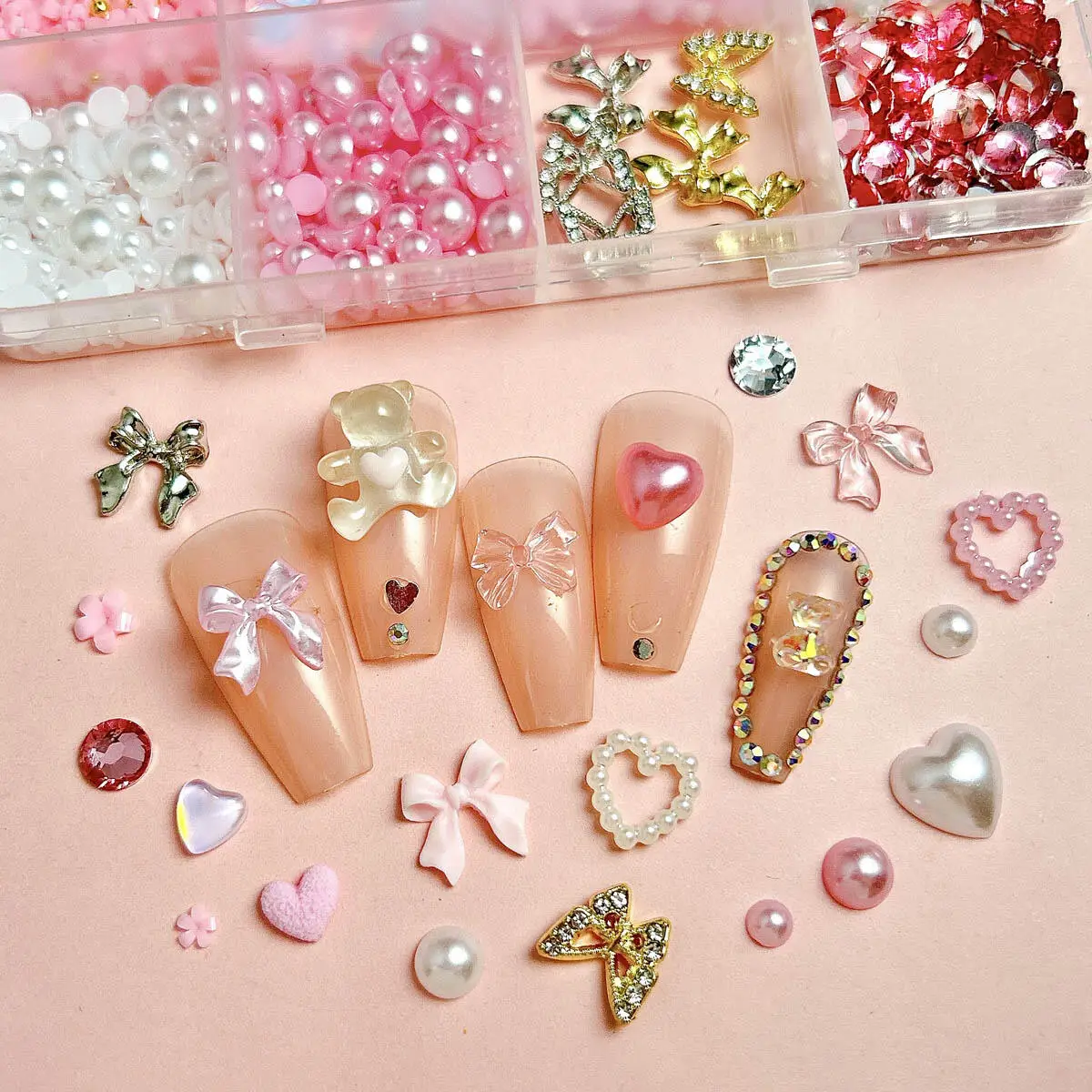 1 Box rosa weiße Harz Schleife Herz Nail Art Dekoration Mini Perle Strass Blume Nagel Charms handgemachte DIY Handwerk Zubehör