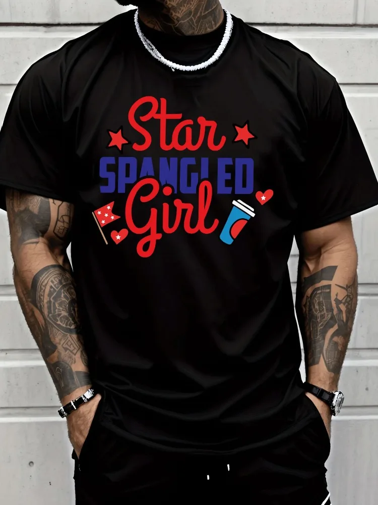 Mens Summer Short Sleeve T Shirt Star Spangled Girl USA Flag Print Crew Neck Black Tee Patriotic Daily Holiday Fashion Top