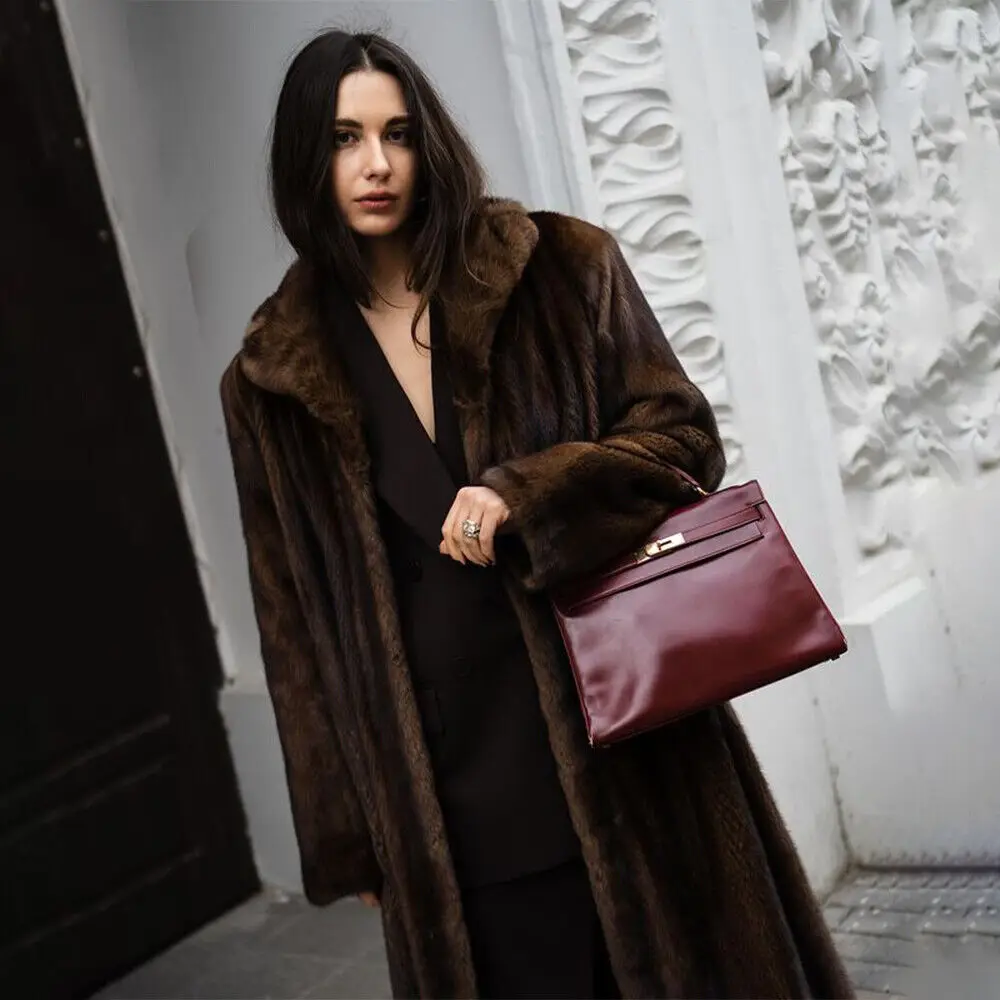 Luxury Elegant Natural Mink Fur Long Coats Women Winter Genuine Mink Fur Lapel Jackets Warm Real Fur Thick Overcoat