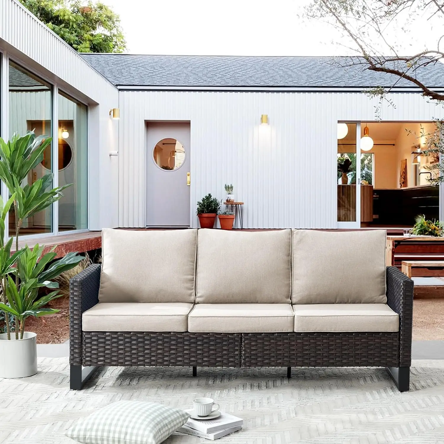 Oversize Wicker Patio Sofa Deep Seat & High Back, 800Lbs 3-Seater Rattan Outdoor Seating Anti-Rust Frame, Customized