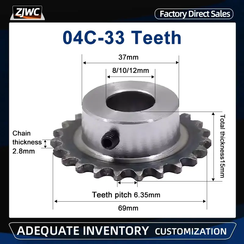 1pc 04C Sprocket 33Teeth Inner Hole 8/10/12mm 25H 45# Steel Sprocket Table Wheel Finished Hole Sprocket Screw Hole M5