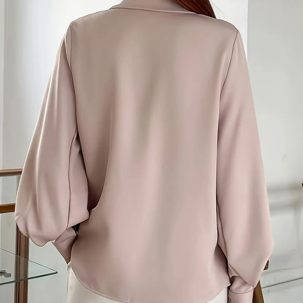 Women's Solid Light Pink Shirt Spring Autumn Fashion Lapel Lantern Long Sleeve Single Breasted Office Lady Versatile Shirt