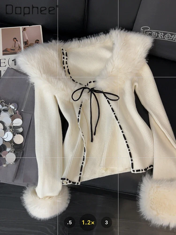 

Knitted Cardigan Two Piece Set Lace Up Fur Splice Slim Fit Sweater + Sleeveless Camisole White Y2k Chic Trend Autumn New