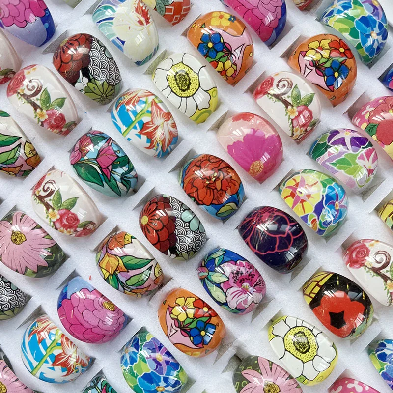 20Pcs Reshin Flower Children Rings For Girl Boy Acrylic Lucite Party Rings Beach Hawaiian Style Mix Bulk Kids Jewelry Lots BK261