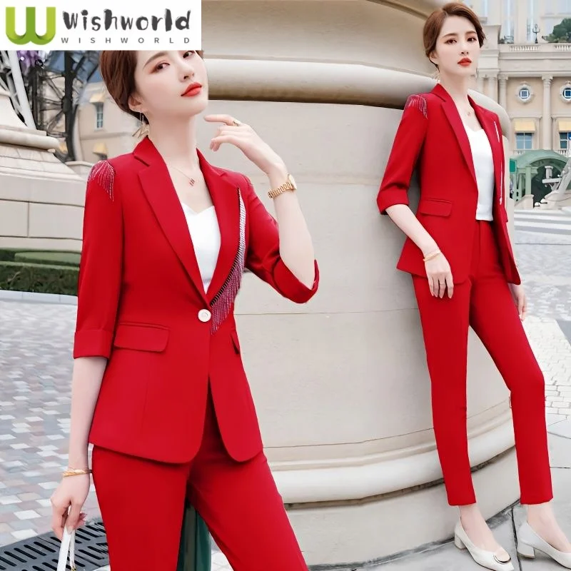 

Autumn Tassel Decorative Jacket Blazer Pencil Pants Two-piece Set Elegant Women's Pants Suit Business Casual Suit Office Outfits