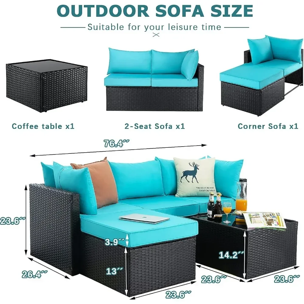 5 Pieces Patio Furniture Sets with Glass Table Outdoor Sectional Sofa All Weather Rattan Wicker Couch Patio Conversation Set