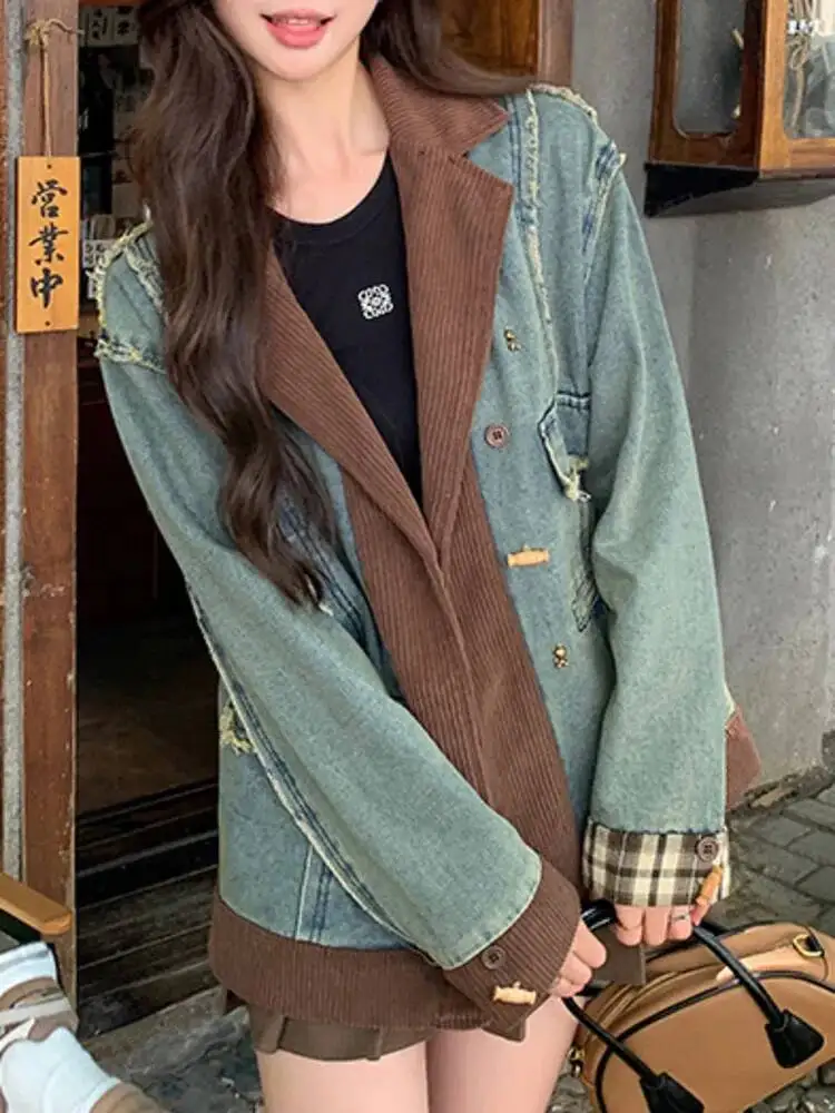 TLXT Moda Donna Elegante Giacca di jeans Velluto a coste marrone Risvolto Dettagli sfilacciati Giacca casual unica 2025 Autunno Nuovo XK1631