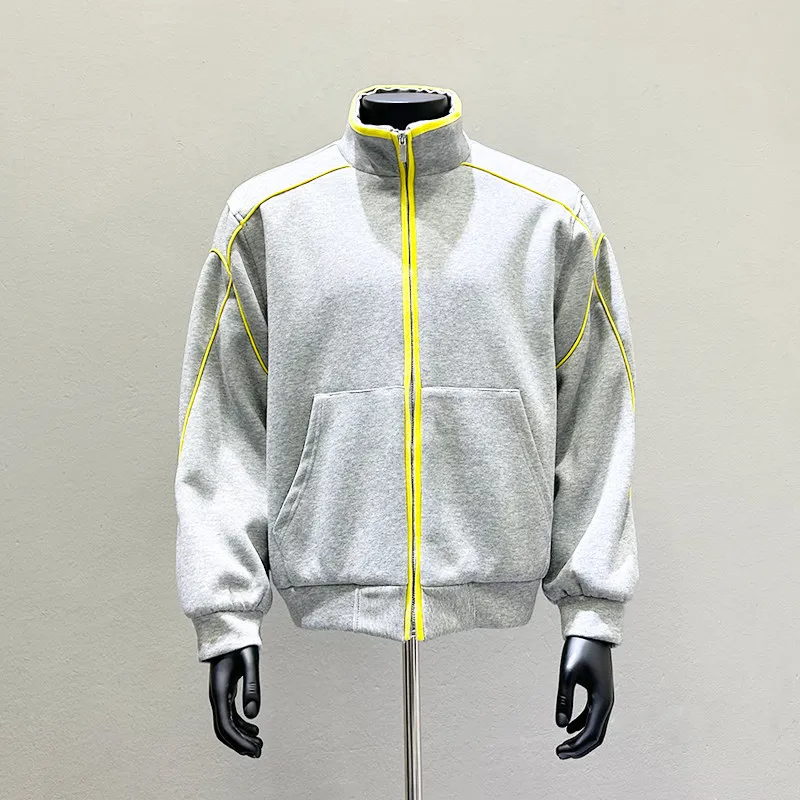Men's Contrast Stripe Stand Collar Zip Jacket, Relaxed Sport Outerwear for Formal Gatherings and Contemporary Men'swear