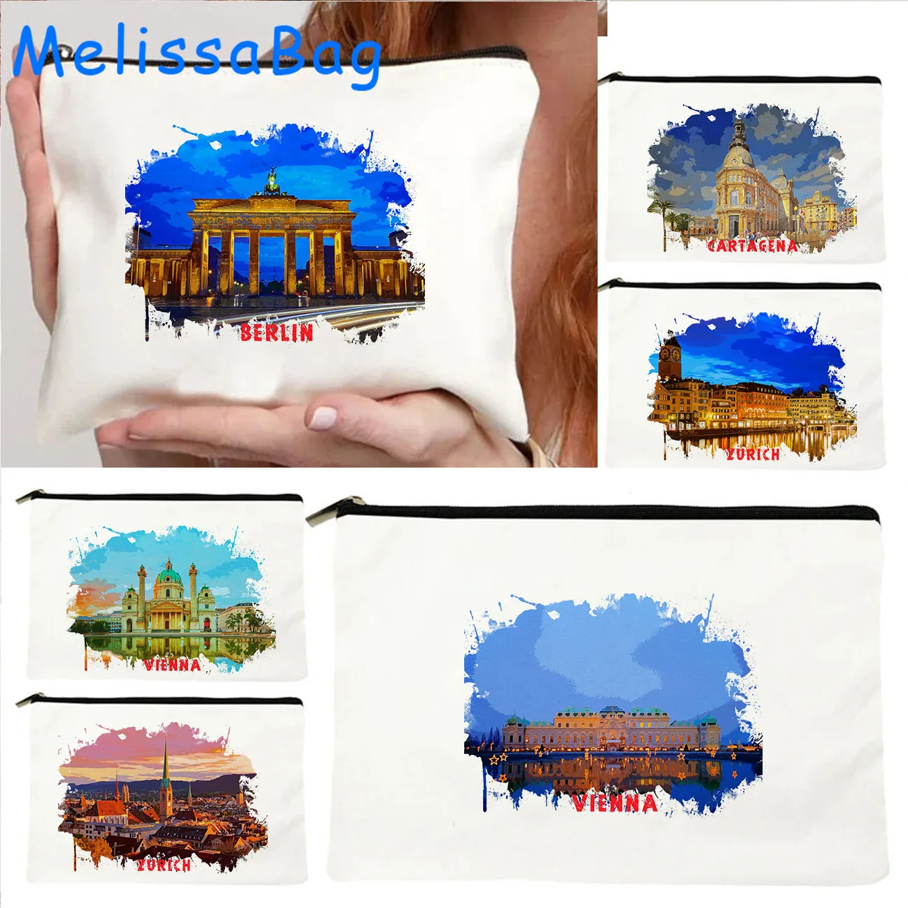 Пенал для косметики, Брезентовая сумочка для косметики с рисунком вены, австрийского, зухов, Берлина, Германии, Картахены, Колумбии, акварельными чернилами