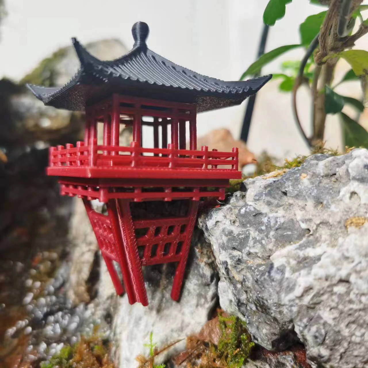 Micro landschap rotstuin bonsai Chinese stijl decoratie oude gebouwen hangende paviljoenen mensen kleine stelten