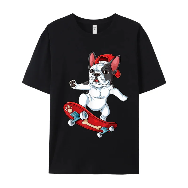 100% Cotton Mens Short Sleeve French Bulldog Skateboard T shirt T-shirts Geek Tees Funny Slogan O-Neck T-shirts