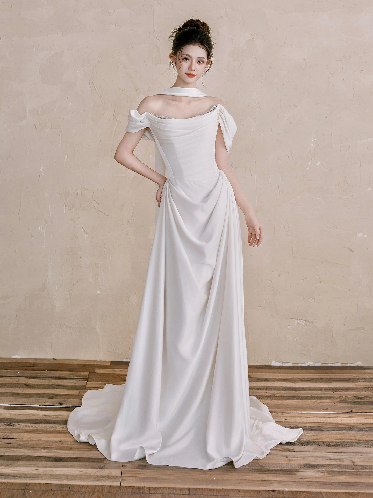 

Ele Satin Wedding Dr One oulder Bridal Gown Floor Length Train Simple Sli for Engagement Par White