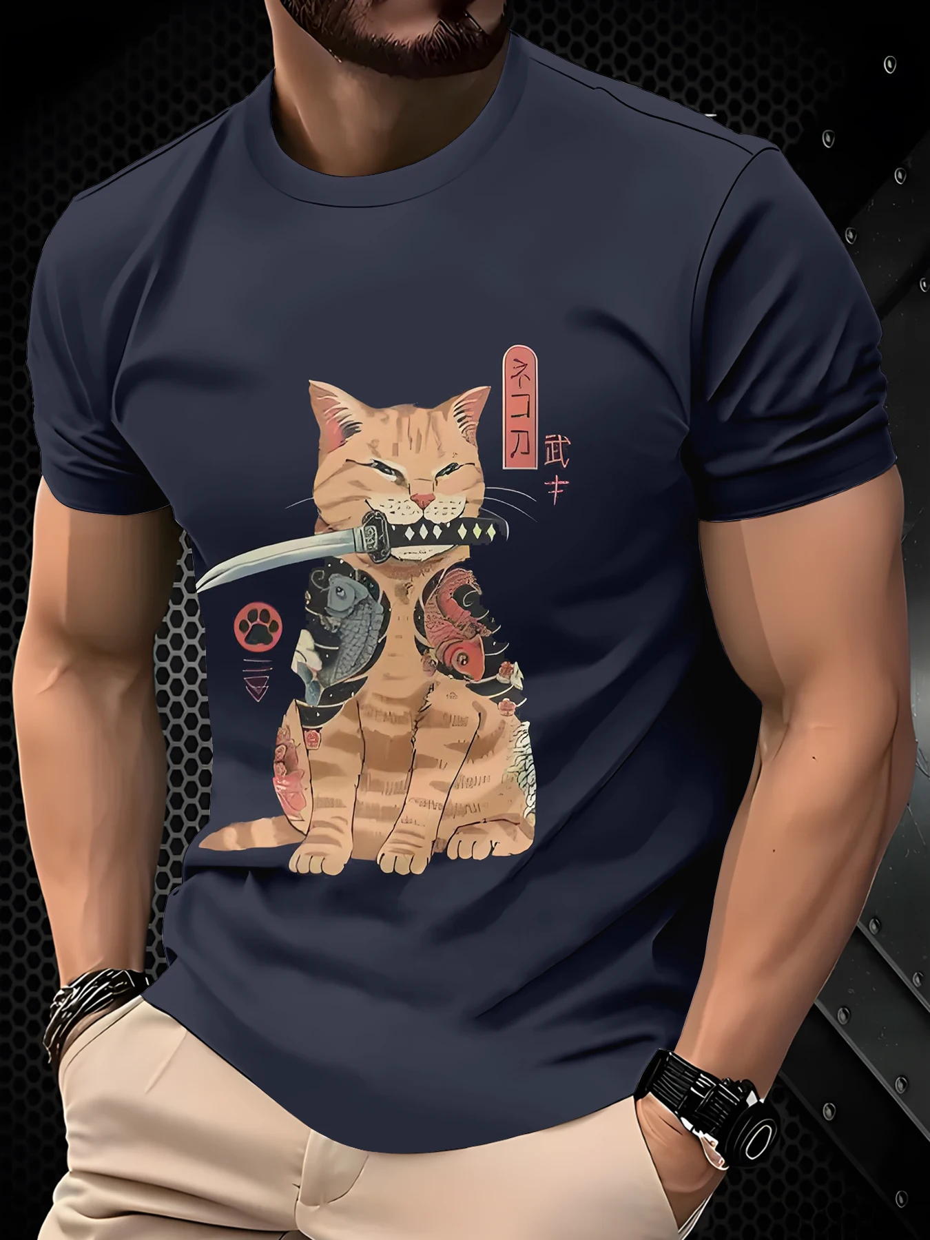 Men Daily Vacation Short Sleeve Tee, Sport T-Shirt with Dark Navy Base Japanese Style Tattoo Orange Cat With Short Blade Graphic