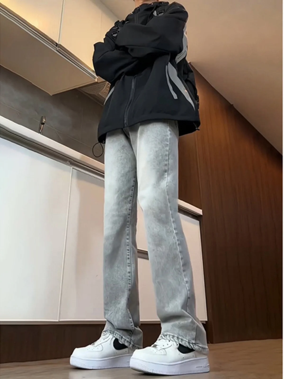 

Men's Long Straight Leg Jeans k ey Mist e High Waist Slim Fit High Street Sle Jeans Tapered Pants Casual Denim