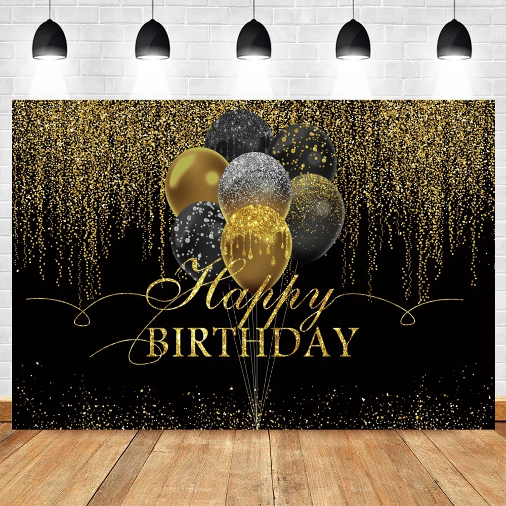 Gold Glitter Happy Birthday Party Backdrop For Photo Black Happy Birthday Adult Theme Party Decoration Supplies Backdrops