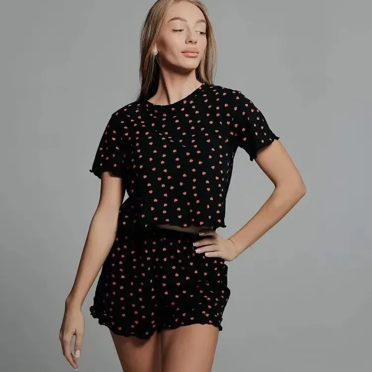 Women's Four Seasons Sexy Four-Sided Elastic Round-neck Cotton Home Sleeping Set - Short Sleeve Shorts Sleeping Pants