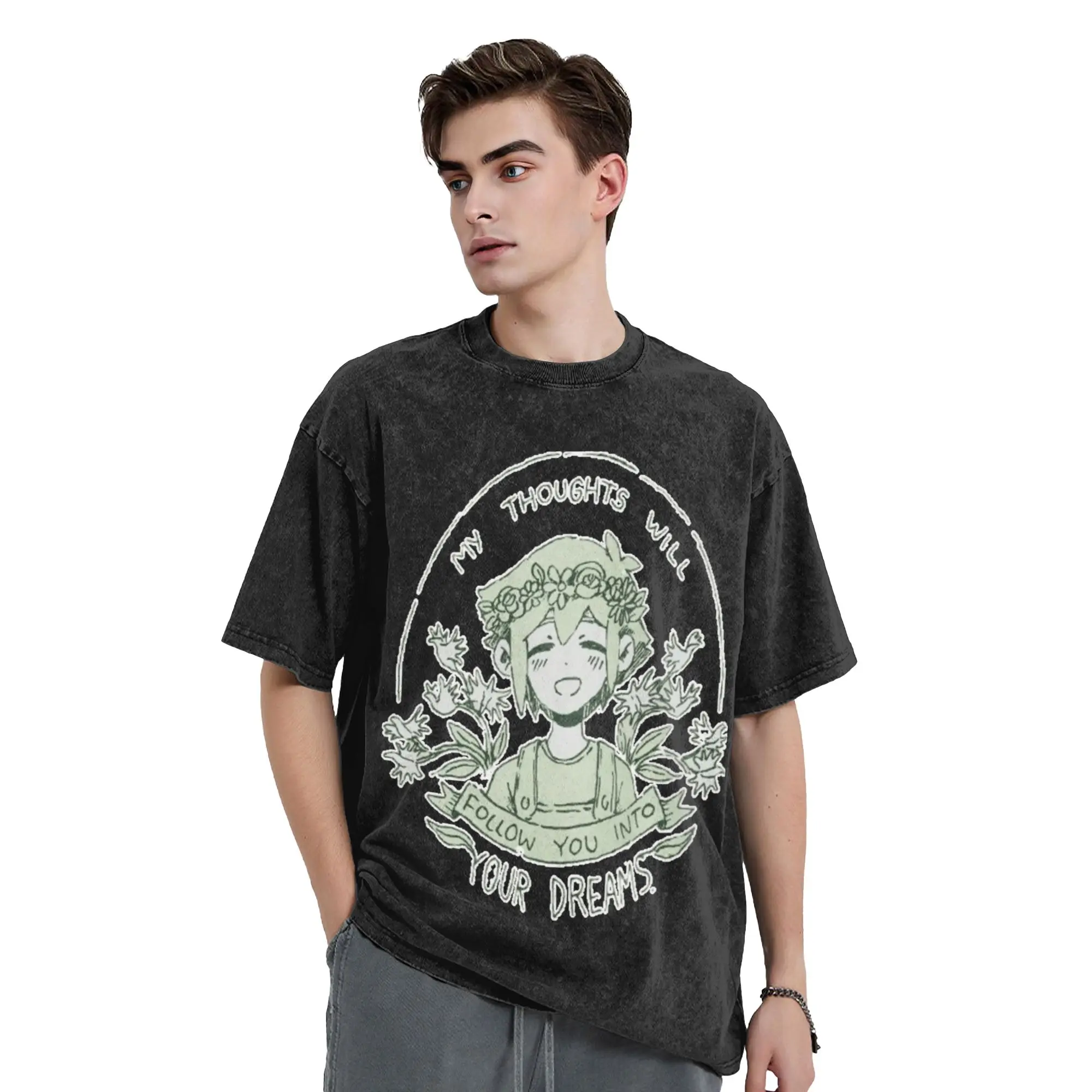 Omori My Thoughts Will Follow You Into Your Dreams Basil Washed T Shirts Streetwear Hip Hop T-Shirts Tee Shirt Men Women 100%