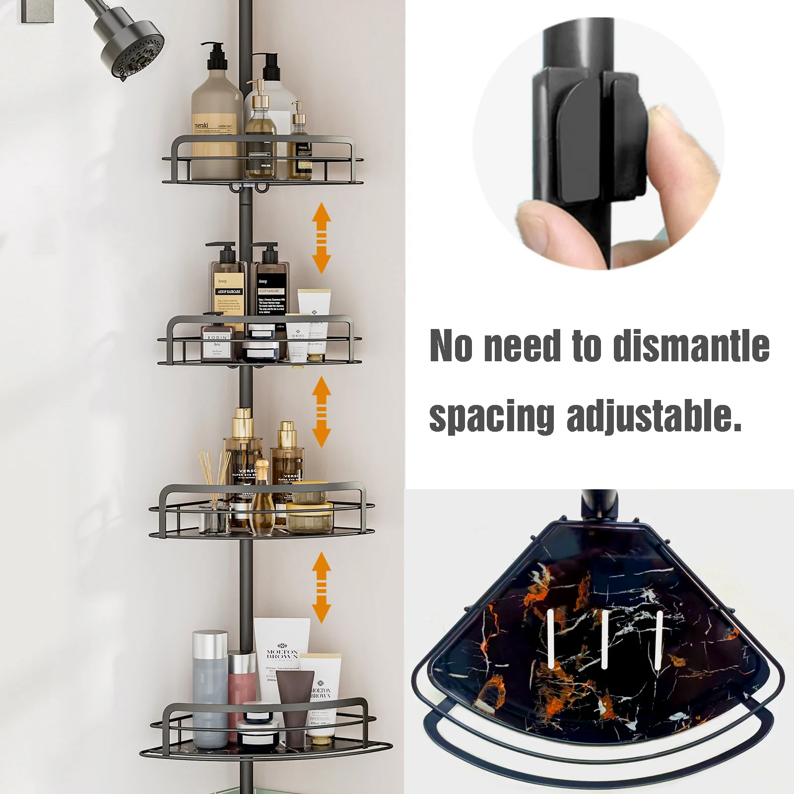 

4-Tier Adjustable Corner Shower Shelf(82-296cm)-No Drill Tension Pole Triangle Organizer for Bathroom Kitchen Storage with Hooks
