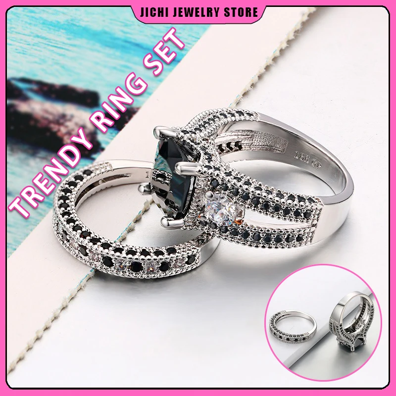 Explosive hand jewelry fashion ring set Black nano zircon micro plated white gold women's ring Crystal accessories