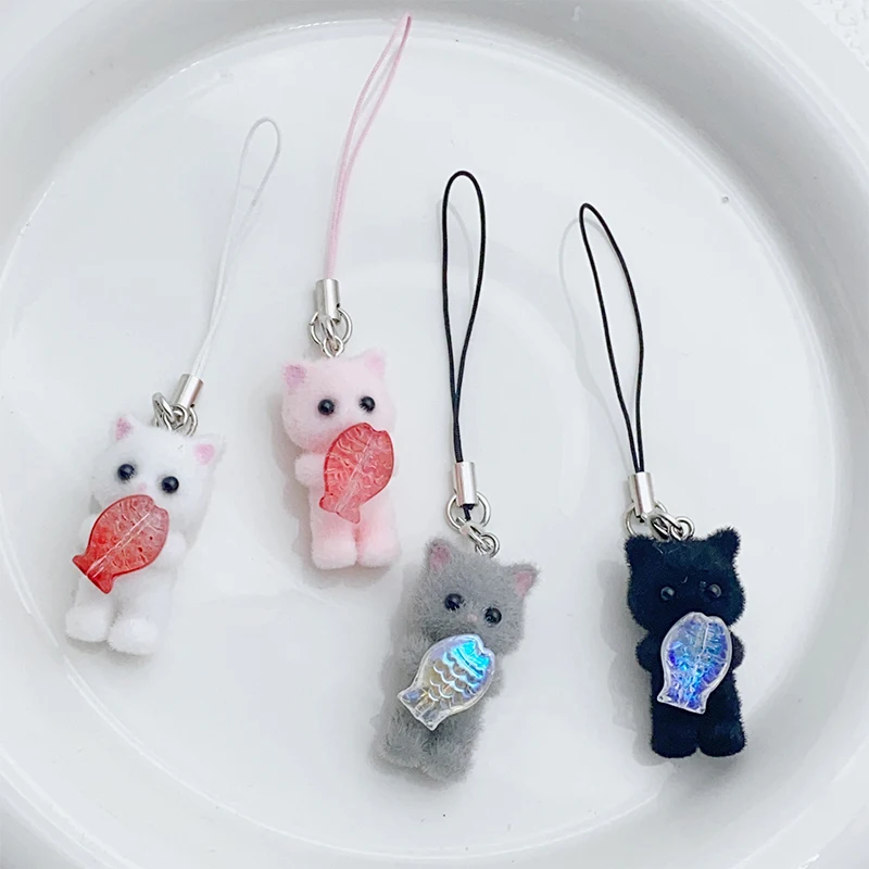 Kawaii Flocking Cat Pendant Phone Lanyard Cute Phone Chain Mobile Phone Charm Backpack Decoration Headphone Case Charm Gifts