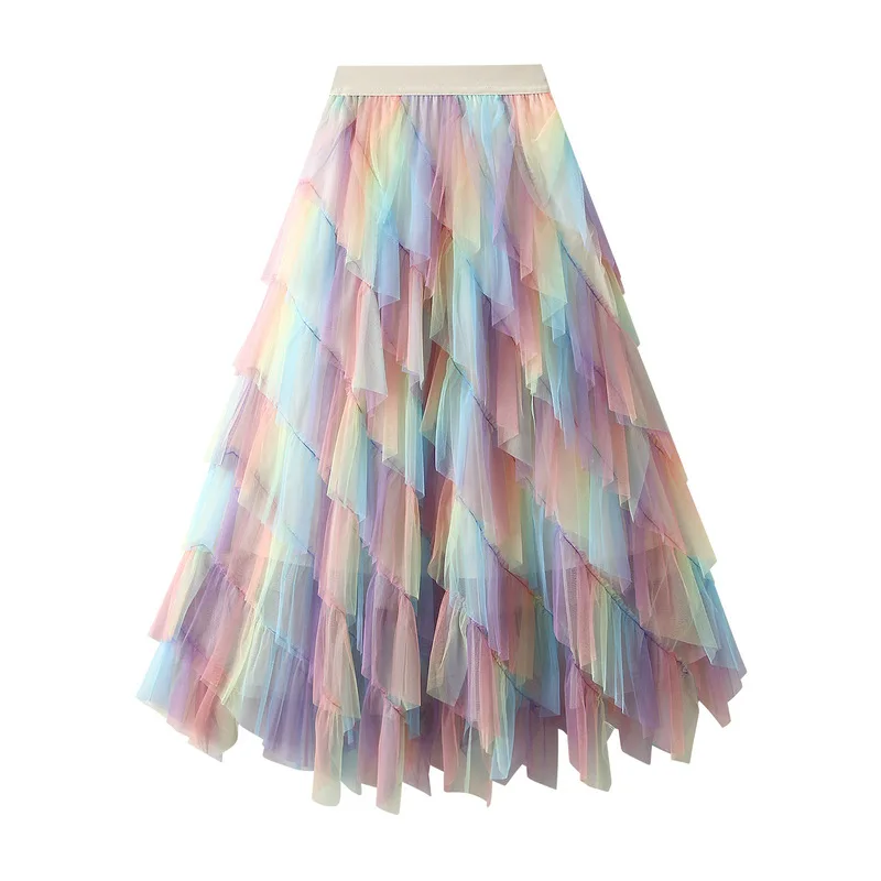 High waist A-Line Skirt with Irregular Patchwork, Multi Section Lace, Oversized Hem, Half Body Fluffy Gauze Skirt, High Quality