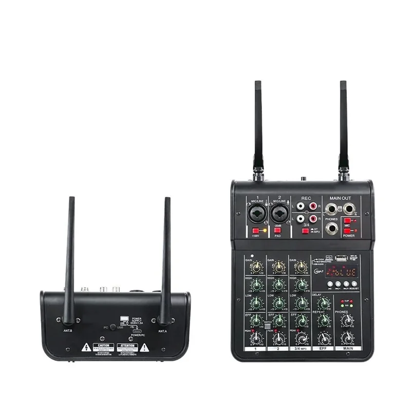 AA08-4채널 DJ 믹서 콘솔 무선 듀얼 마이크 블루투스 2웨이 오디오 컨트롤 홈 KTV 무대 스튜디오용