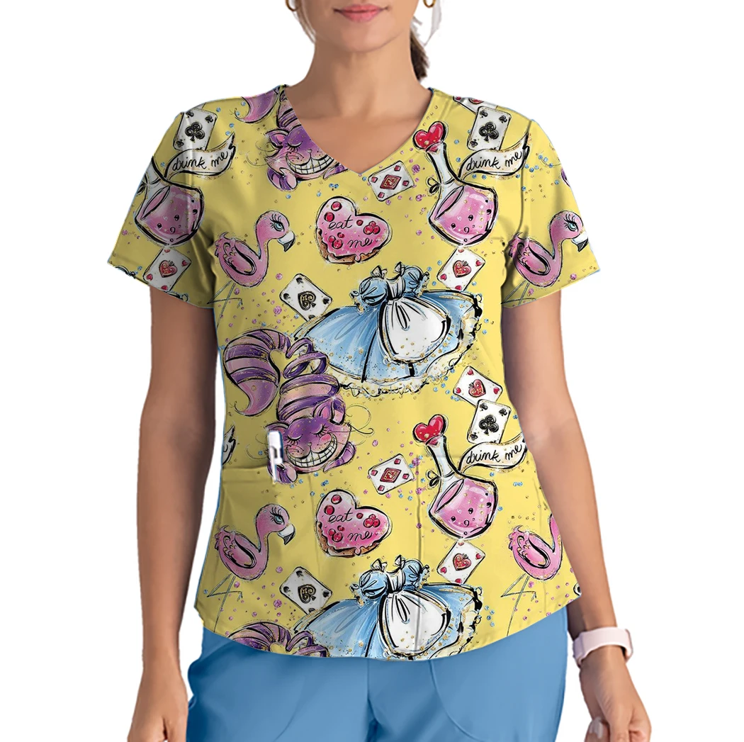 New Disney Princess Floral Pattern Printing V-neck Casual Nurse Care Worker Grooming Dentist Overalls Pet Shop Clothing