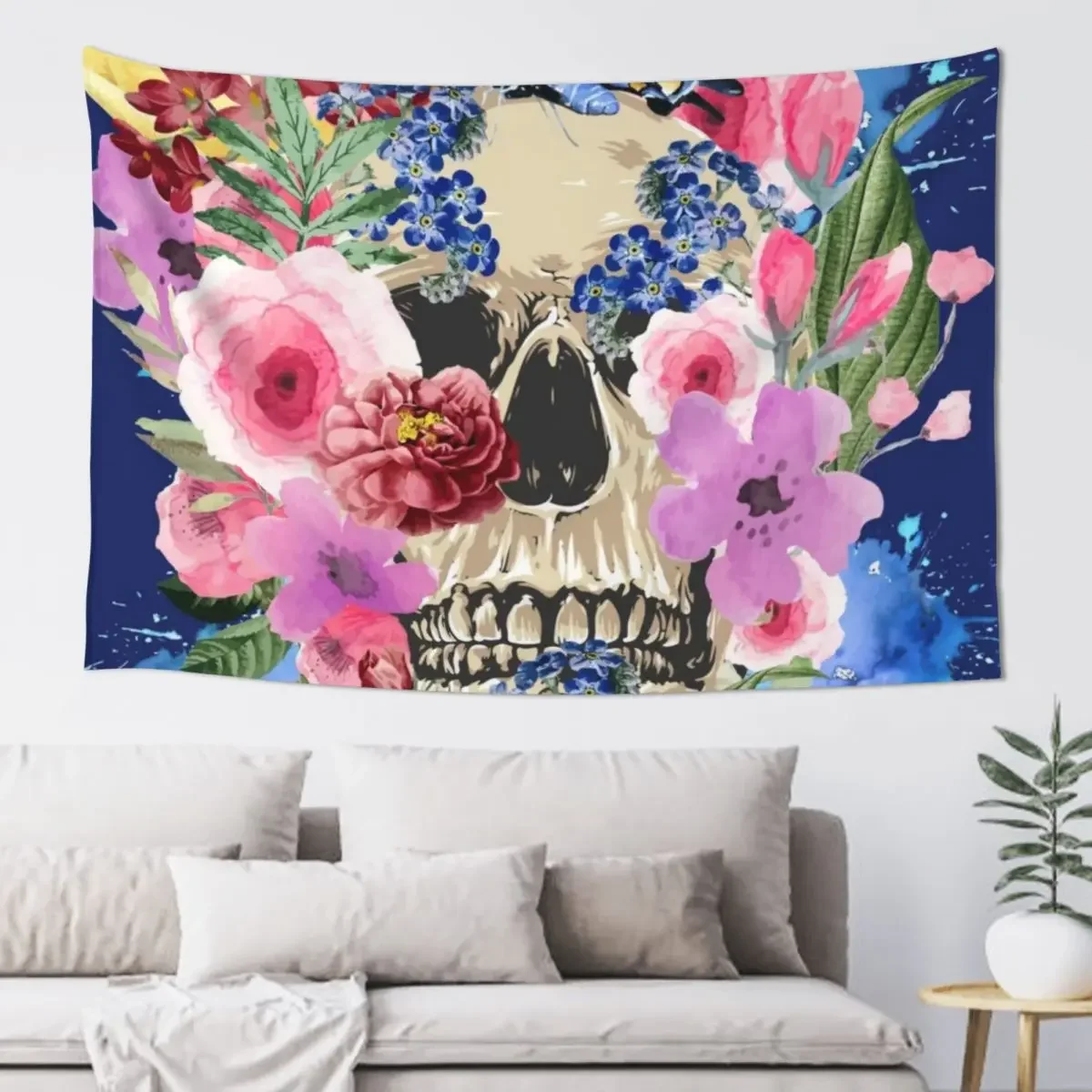 

Skull With Flowers - Flowery Bloom Skull Art Tapestry Room Decoration Accessories Decor Home Tapestry