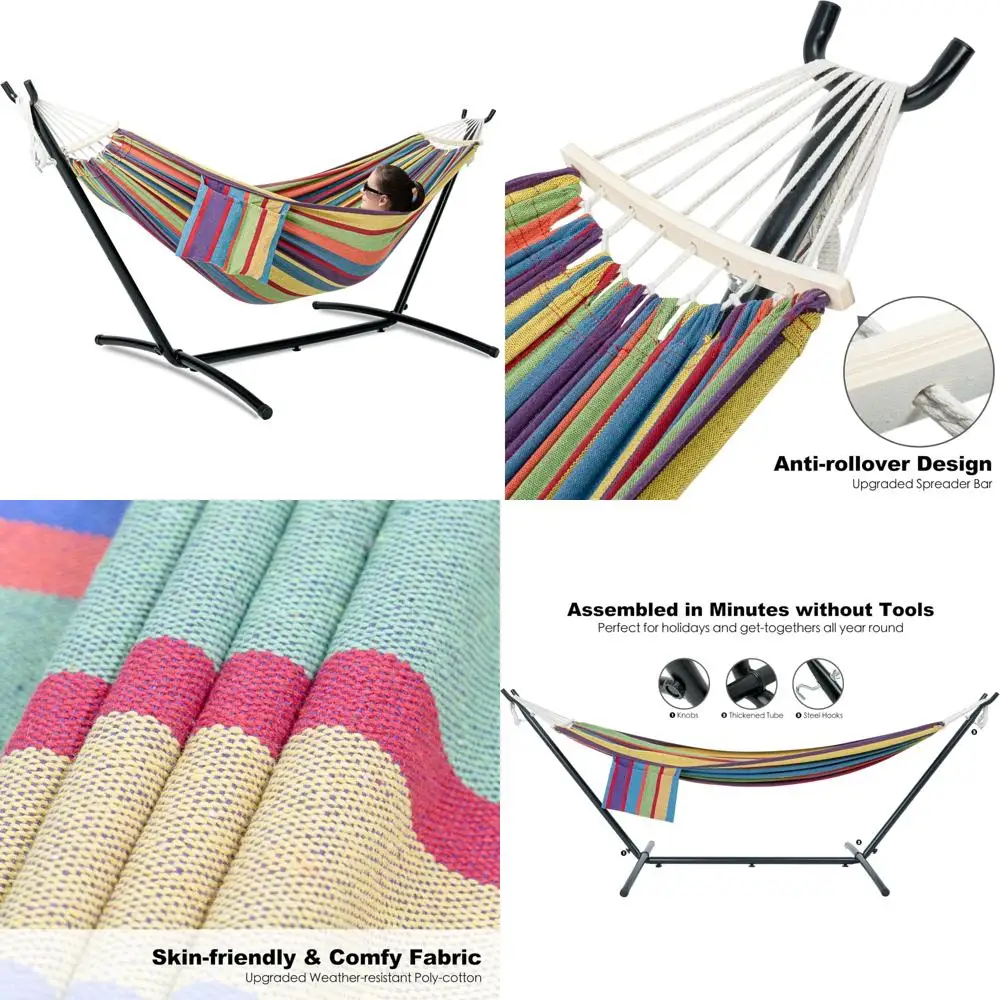 

Двойной гамак для тяжелых условий эксплуатации на открытом воздухе с подставкой, улучшенная распорка, компактная стальная конструкция, вместимость для 2 человек, боковая планка