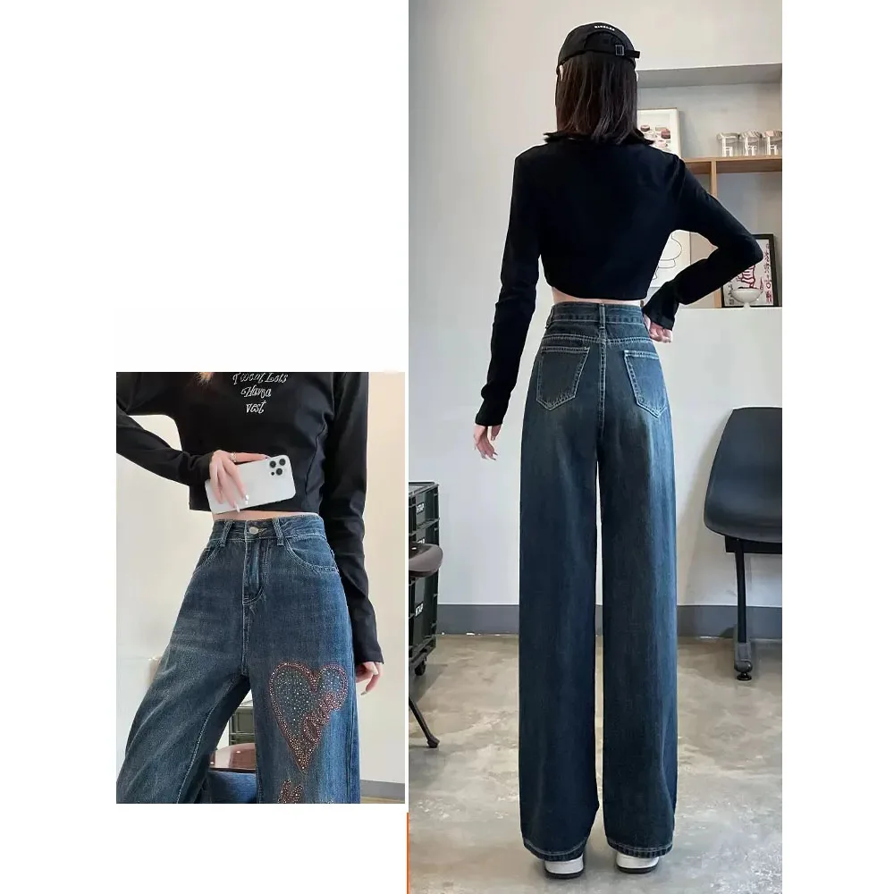 Jean Denim Brodé pour Femme, Baggy Droit, Pantalon Long à Jambes Larges, Mode Streetwear, Nouvelle Collection