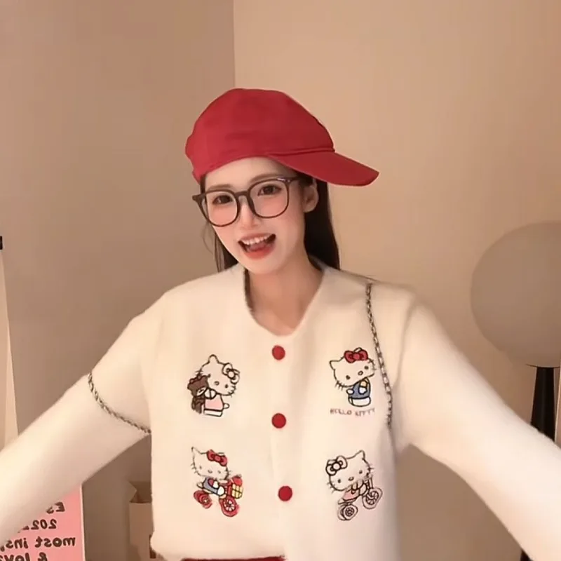 

Hello Kitty аниме Kawaii Sanrio куртка с длинными рукавами милый мультяшный Kt Cat вязаный кардиган одежда повседневные подарки игрушки для девочек