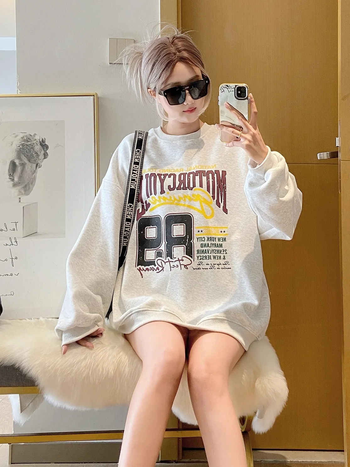 

Модный женский свитшот с круглым вырезом, свободного кроя, весна-осень, в корейском стиле, с длинными рукавами, с принтом, из хлопка и полиэстера