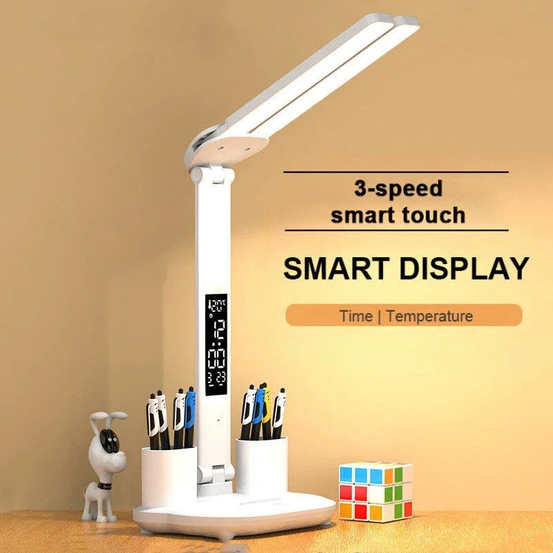 

LED Clock Table Lamp USB Chargeable Dimmable Desk Lamp 2 Heads 180 Rotate Foldable Eye Protection Reading Night Light Nail lamp
