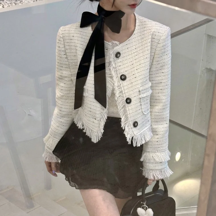 

Женское пальто Ele ort Bouclé с кисточками, корейский топ в стиле ретро в стиле пэчворк, маленький топ Fraance