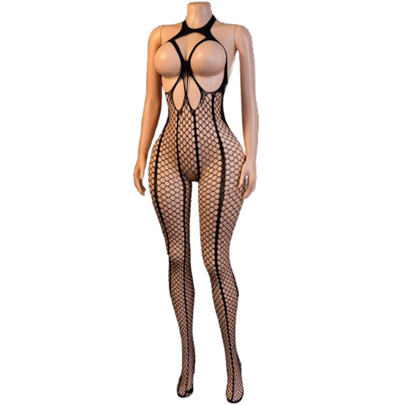 1-Piece Sexy Halter Backless Fishnet Bodysuit – Sheer Mesh Form-Fitting Outfit, Perfect for Romantic Intimate Parties