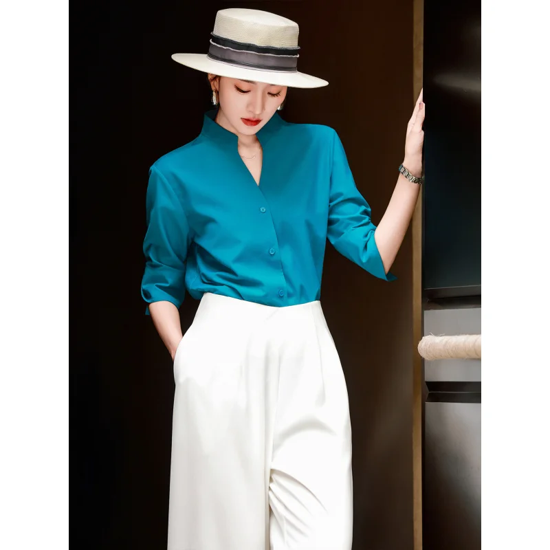 

MEXCOCO 2026 Summer New Women V Neck Half Sleeve Shirt Elegant Office Commuter Loose Versatile Blouse Top