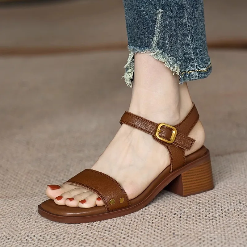 

Summer Sandals Sheep Leather Women Shoe Square Toe Chunky Heel Roman Sandals Genuine Leather Open Toe Sandals for Women Handmade