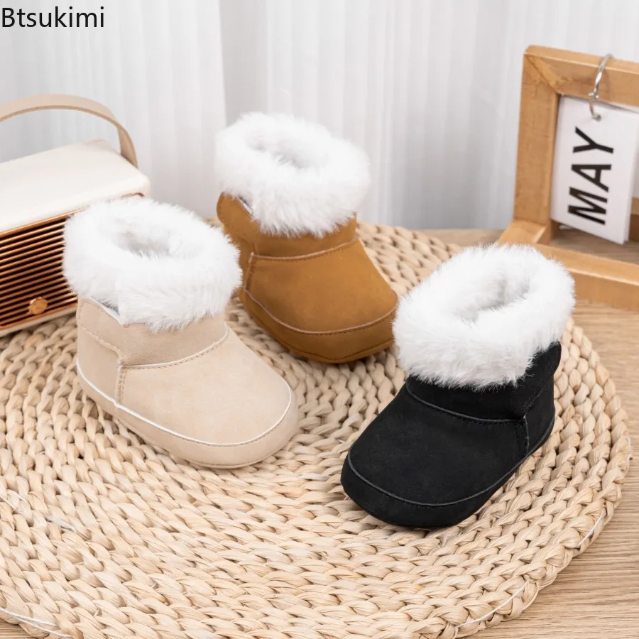 2026 New Fluffy Baby Booties PU Suede Leather Toddler First Walkers Winter Warm Solid Color Indoor Casual Walking Shoes 3-colors