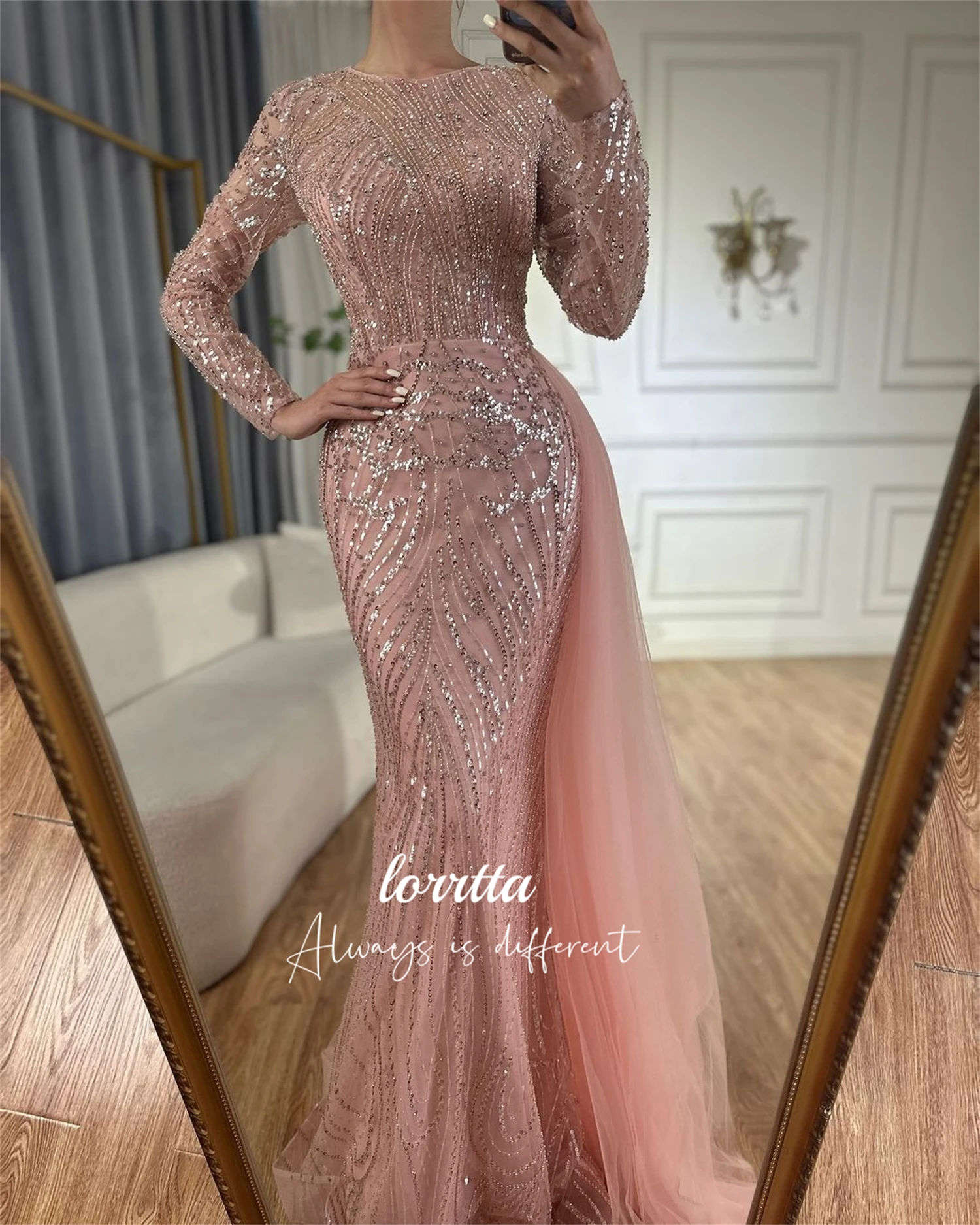 Loretta Lange mouwen Kralenborduurstof Avondjurk Luxe Fishtail Cut Jurken Gala Robes De Cocktail Party Aangepast