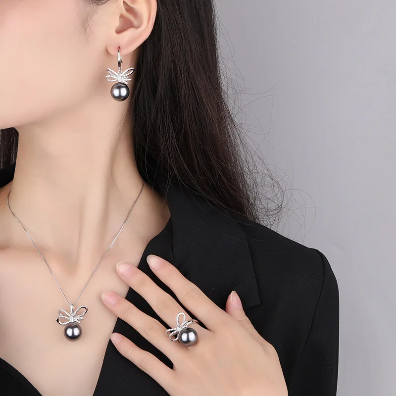 

Позолоченные 18-каратным золотом бусины из платины PT950 с серым перламутром, модный комплект с бриллиантами и бантом для женщин, 14 мм