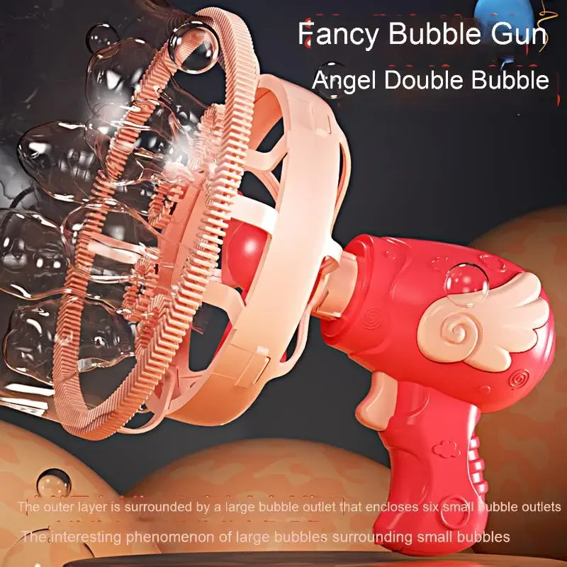 Zewnętrzna pistoletowa maszyna do robienia baniek mydlanych to świetny pomysł na prezent i idealna jako upominek świąteczny. Nowe, eleganckie zabawki do robienia podwójnych baniek mydlanych.