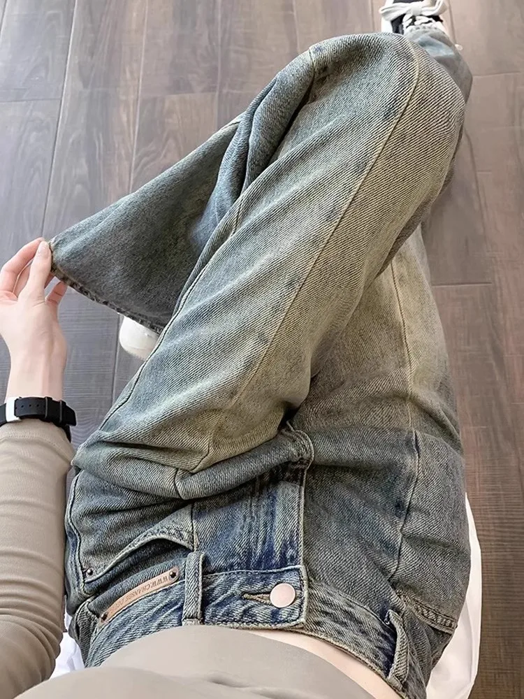

American Retro High Street Wide Leg Straight Jeans Women's Spring Autumn High Waist Large Size Loose Drapey Floor-Length Pants