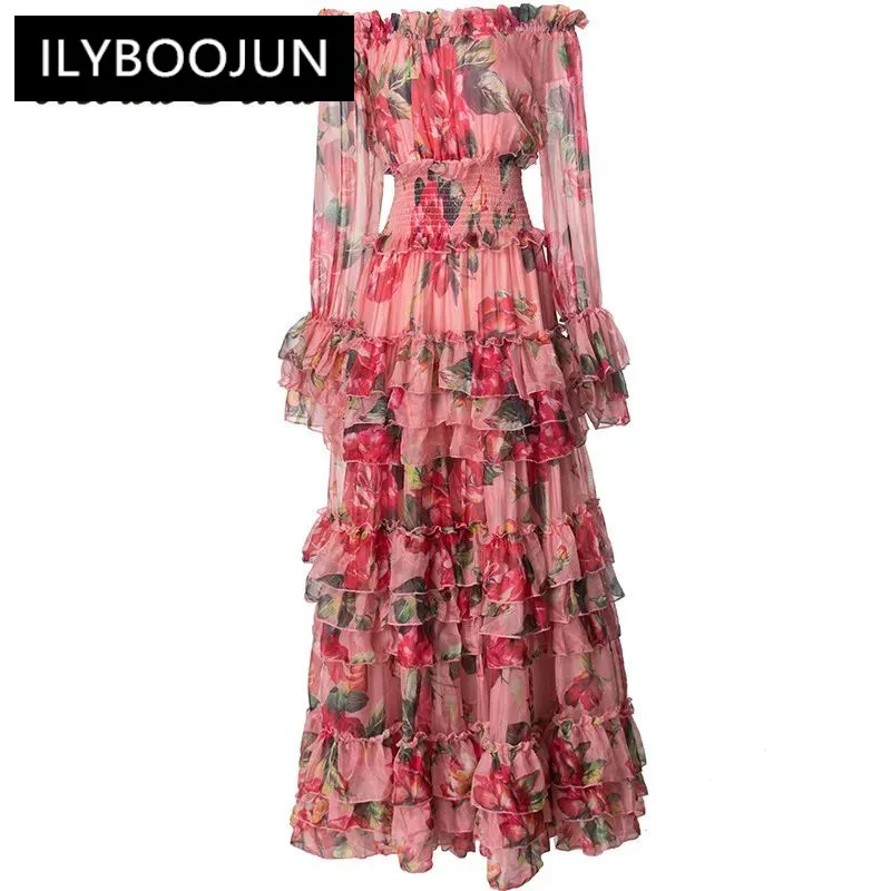 

ILYBOOJUN 2024 Summer High Quality Women Dress Bohemian Floral Print Chiffon Elastic Waist Cascading Ruffle Flare Sleeve Dresses