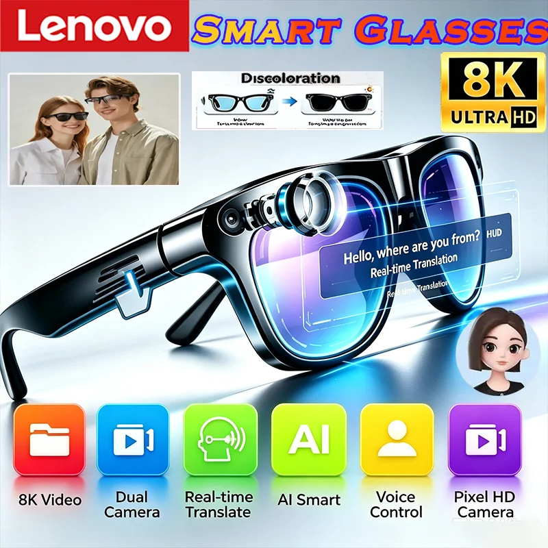 Lenovo AI Wireless Smart Video Glasses Remote Touch Control Bluetooth Music Record Translator Voice Assistant óculos inteligente